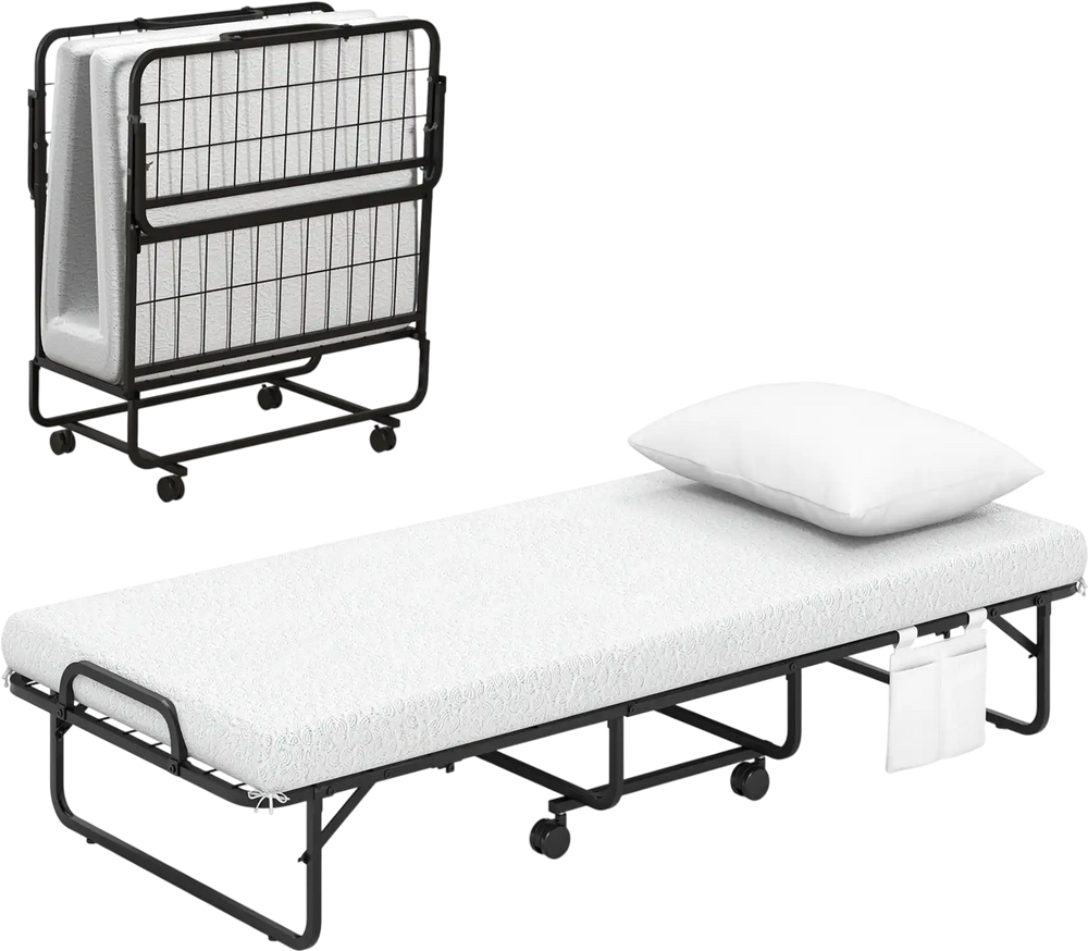 Folding cot bed with memory foam mattress and pillow, featuring a space-saving design and easy mobility on wheels.