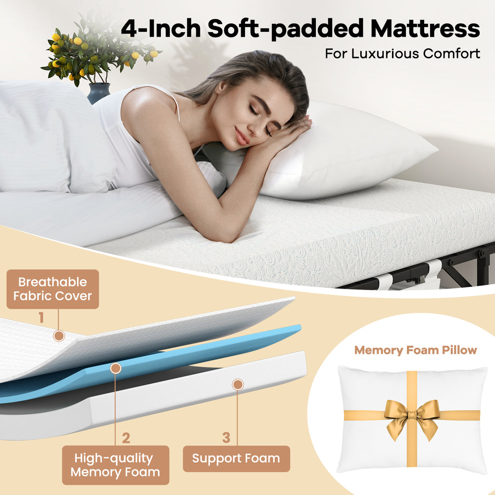 Cot size folding bed with 4-inch memory foam mattress and pillow, featuring a breathable cover for ultimate comfort.