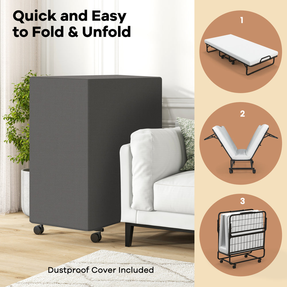 Cot size folding bed with memory foam mattress, featuring a dustproof cover and wheels for easy movement and storage.