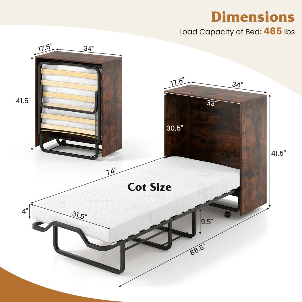 Murphy bed with wheels and foldable cot, featuring a 4" mattress, compact design, and sturdy birch wood slats for.