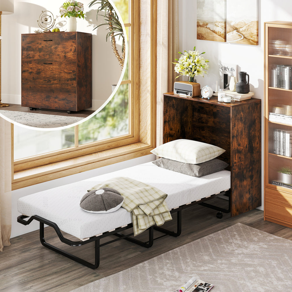 Murphy bed with wheels and foldable cot, featuring a 4" mattress and compact storage cabinet for small spaces.