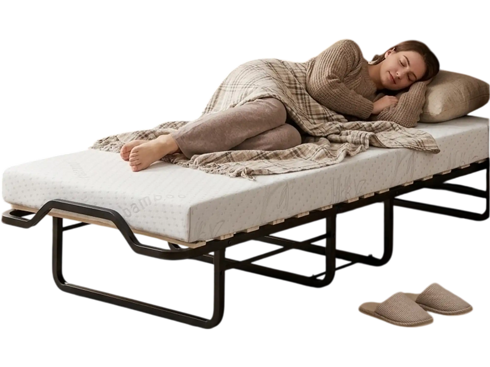 Murphy bed with wheels and foldable cot, featuring a 4" thick mattress and compact design for small spaces.