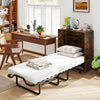 Cot size Murphy bed in rustic brown with a 4" thick mattress, foldable design, and lockable wheels for easy storage.