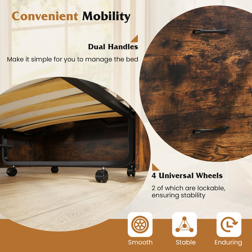 Cot size Murphy bed in rustic brown with dual handles and lockable wheels for easy mobility and stability.