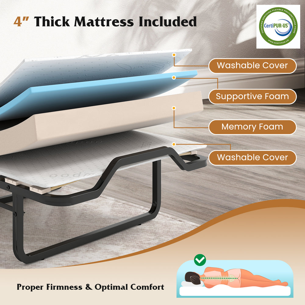 Cot size Murphy bed with 4" thick mattress, foldable design, and lockable wheels for optimal comfort and stability.