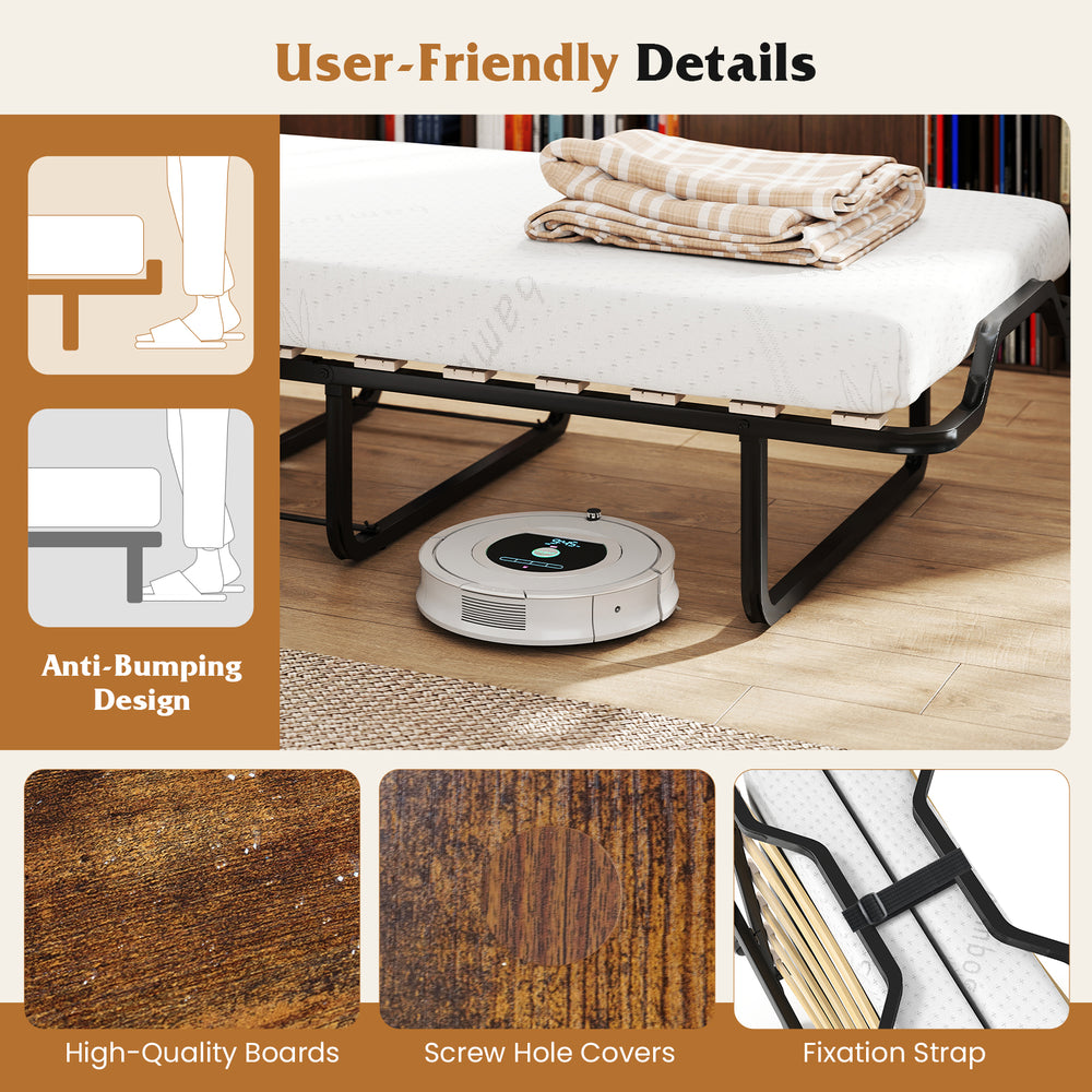 Cot size Murphy bed in rustic brown with lockable wheels and anti-bumping design for safe, compact storage.