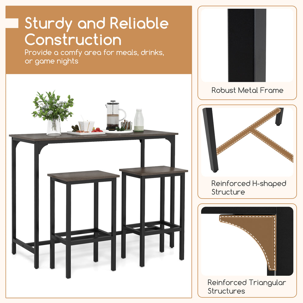 Counter-height dining table with 2 bar stools in gray, featuring a robust metal frame and H-shaped structure for.