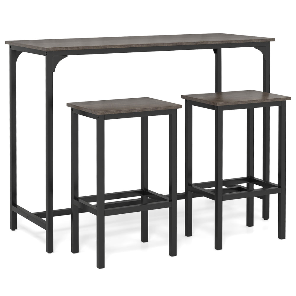 Industrial 3-piece counter-height dining set with gray tabletop and black metal frame, ideal for small spaces.