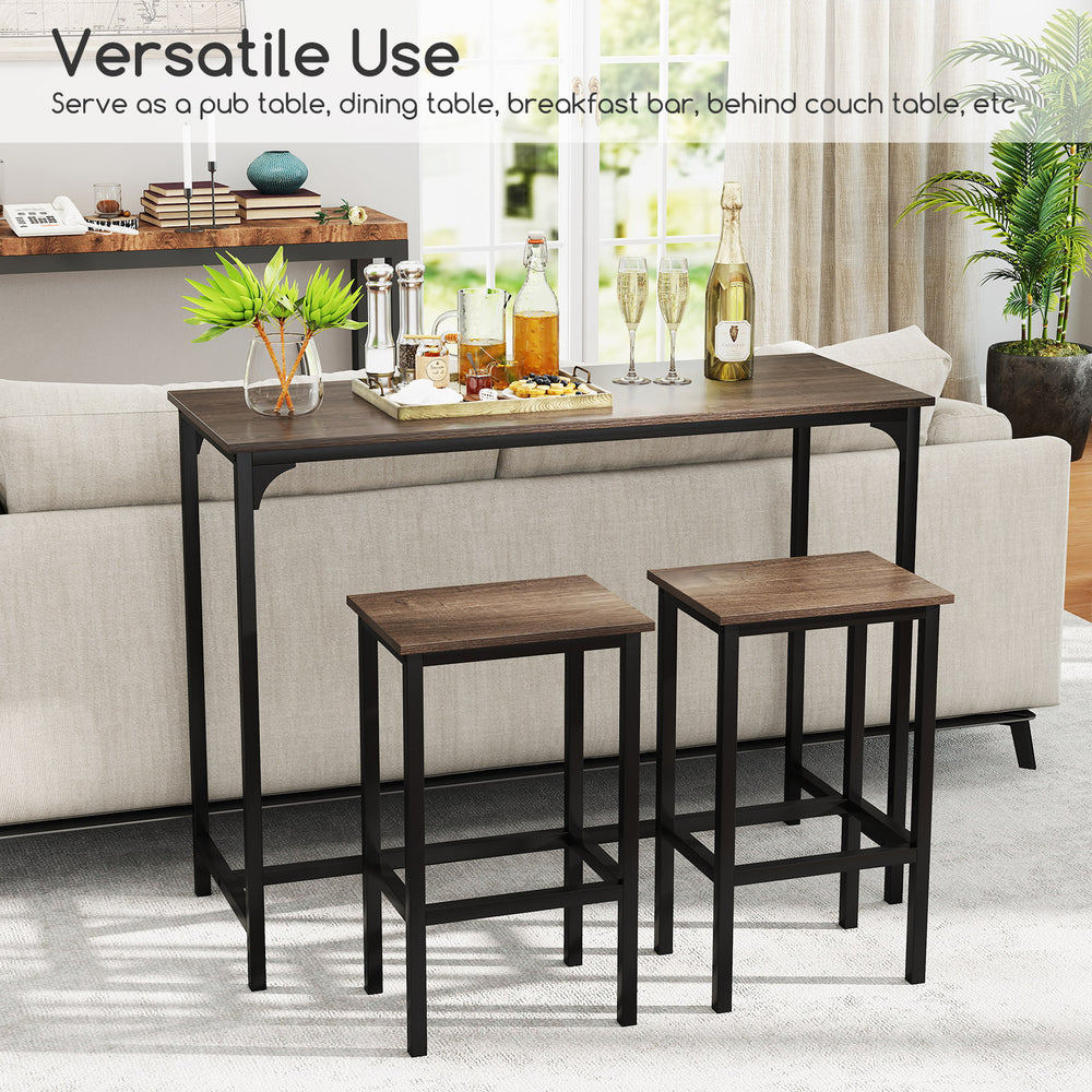 Gray counter-height dining table with spacious top, perfect for meals and drinks in small areas, with two stools.