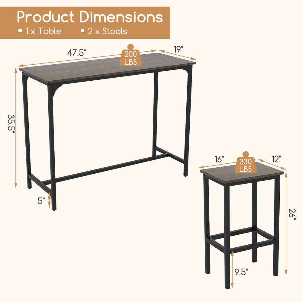 Counter-height dining table with 2 bar stools, gray finish, sturdy metal construction, ideal for small spaces.