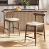 Counter height bar stools with curved backs in walnut, featuring breathable fabric and ergonomic design for kitchen.