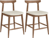 Set of two 24-inch counter height bar stools in walnut with curved backs and upholstered seats for kitchen islands.