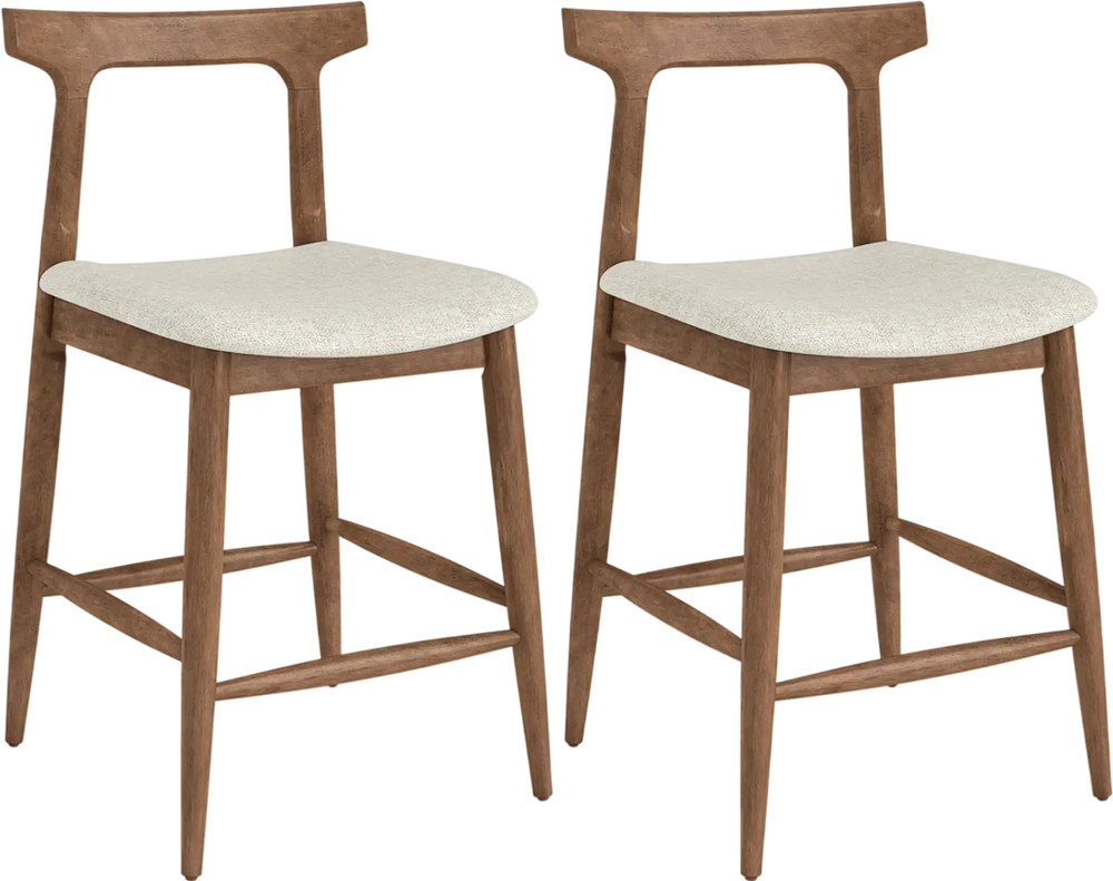 Set of two 24-inch counter height bar stools in walnut with curved backs and upholstered seats for kitchen islands.