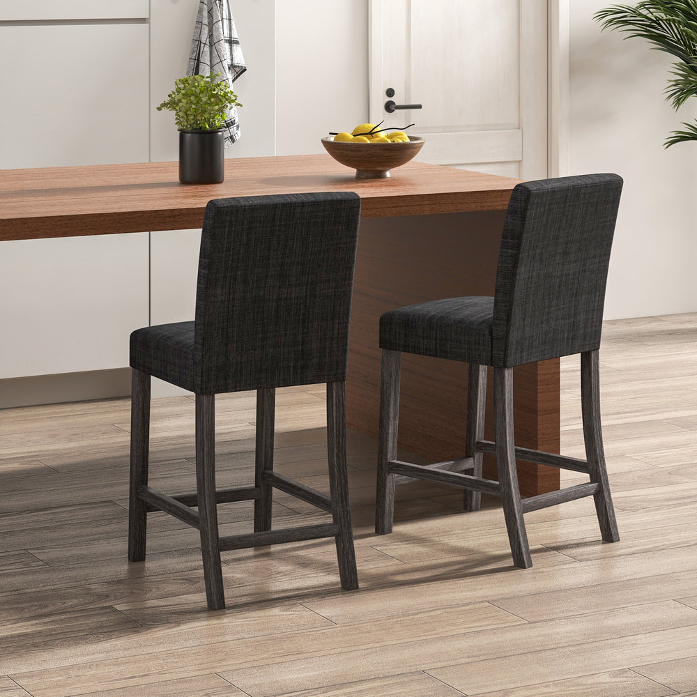 Counter height bar stools set of 2 in gray with padded seats, curved backrests, and footrests for comfortable dining.