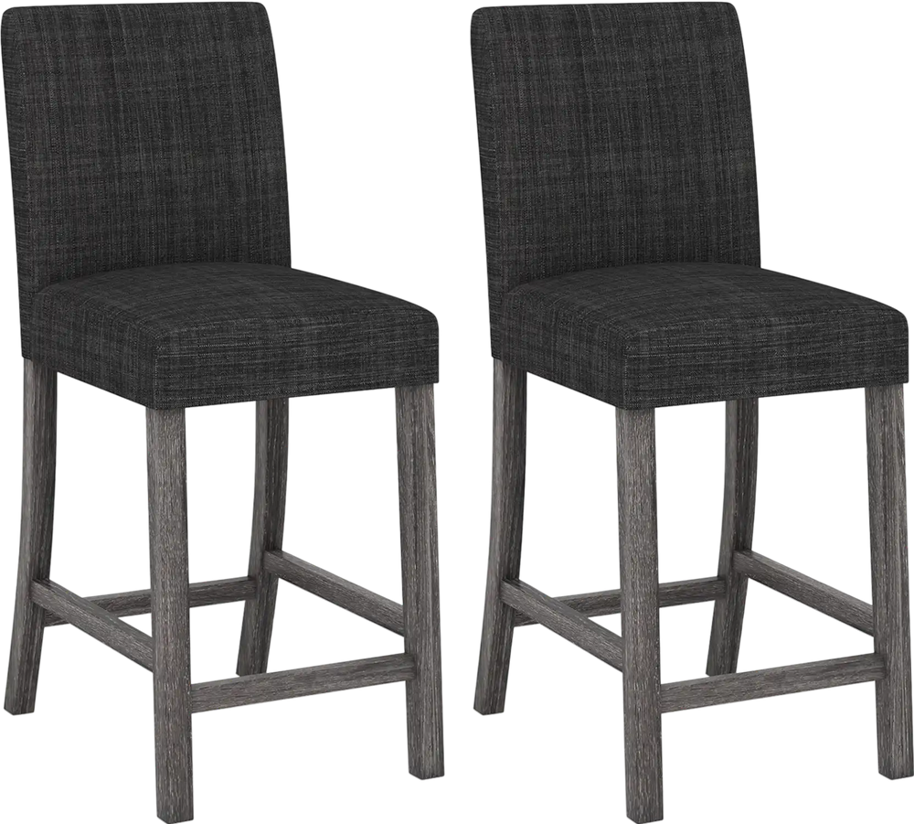 Counter height bar stools set of 2 in gray with padded seats, curved backrests, and solid rubber wood frames.