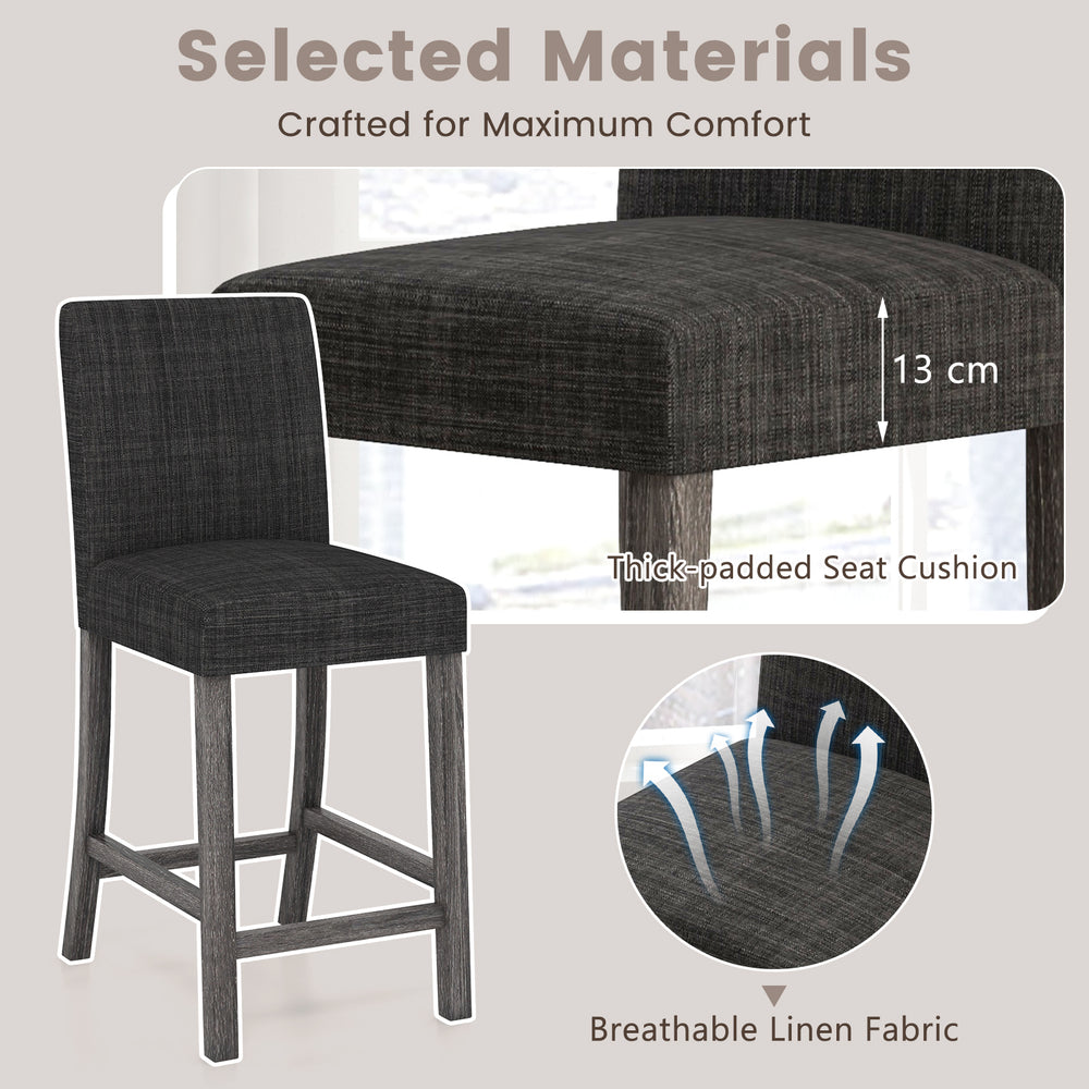 Counter height bar stool with gray breathable linen fabric, thick-padded seat cushion, and ergonomic backrest for.
