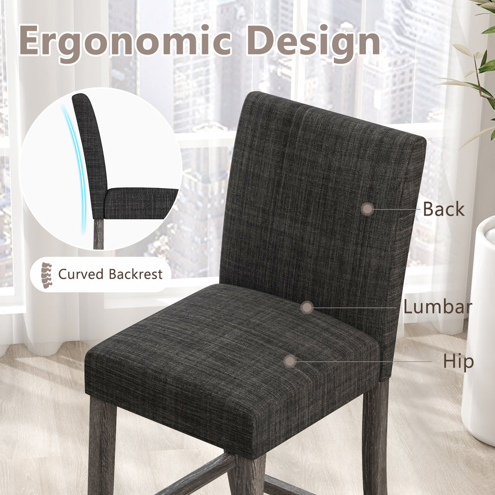 Counter height bar stool with ergonomic design, gray linen fabric, curved backrest, and footrest for comfort and.