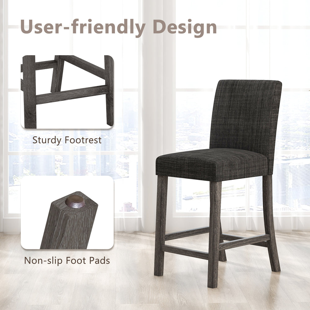 Counter height bar stool with gray linen fabric, sturdy footrest, and non-slip foot pads for added stability.