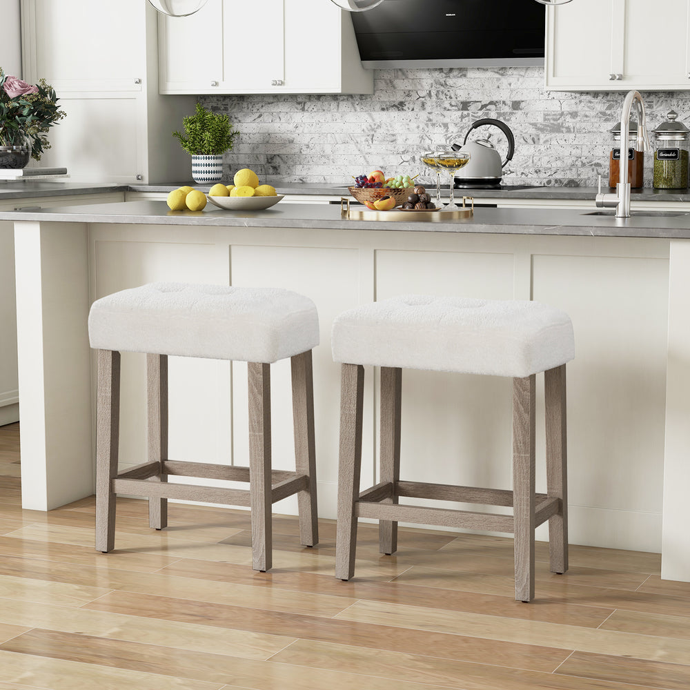 Set of 2 modern counter height bar stools with rubber wood legs and plush white sherpa fabric for kitchen or dining use.