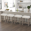 Set of two modern counter height bar stools with rubber wood legs and plush white sherpa fabric, perfect for kitchen.