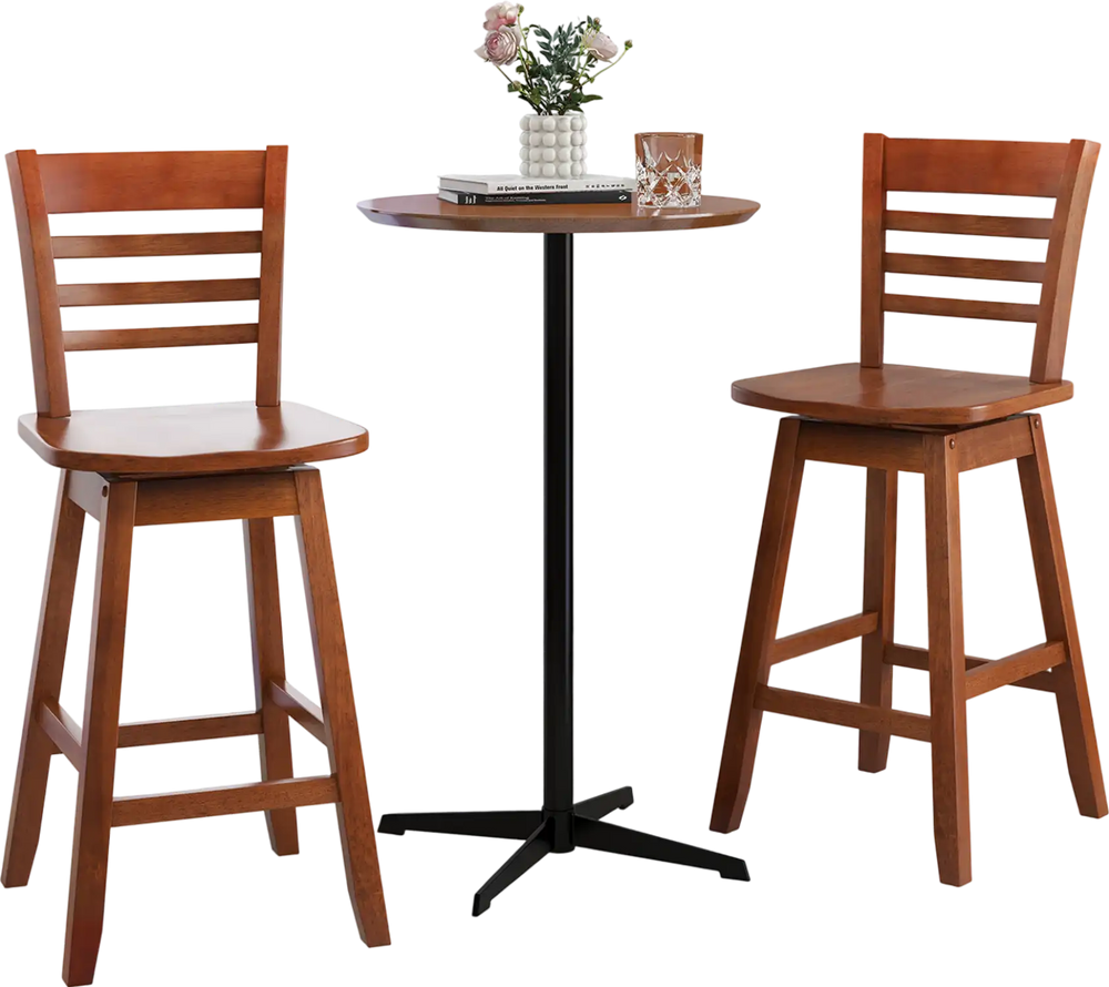 Counter height barstools set of 2 in walnut with footrest, featuring a contoured seat and reclined backrest for comfort.