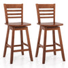 Set of 2 walnut counter height barstools with footrest, featuring a contoured seat and reclined backrest for comfort.