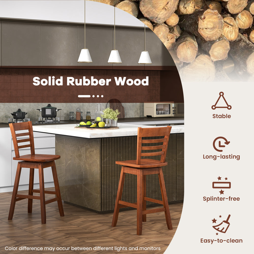 Counter height barstools set of 2 in walnut, featuring solid rubber wood, footrest, and swivel seat for kitchen islands.