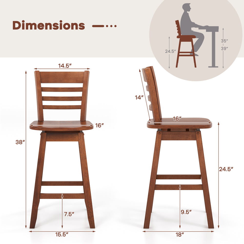 Counter height barstool dimensions with contoured seat and sturdy footrest in walnut finish for kitchen island use.