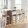 Counter height chair with beige fabric seat and rubber wood legs, showcasing vintage design for stylish dining areas.