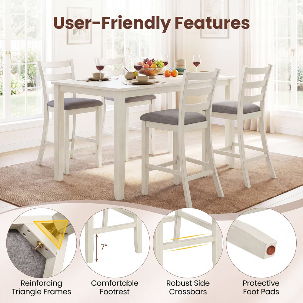 Counter height chair with beige fabric seat and rubber wood legs, featuring a comfortable footrest for relaxed dining.