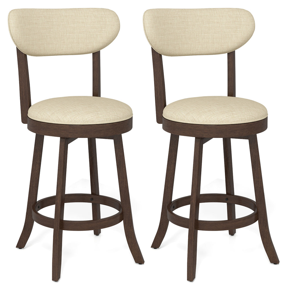 Set of 2 brown counter height chairs with padded seats and backrests, ideal for dining or kitchen use.