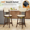 Set of 2 counter height chairs with padded seat and backrest, 360° swivel, brown rubber wood frame for kitchen use.