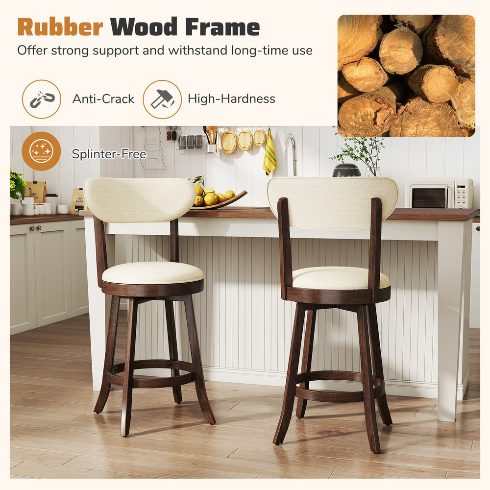 Set of 2 brown counter height chairs with padded seats and rubber wood frame, ideal for kitchen or dining room use.