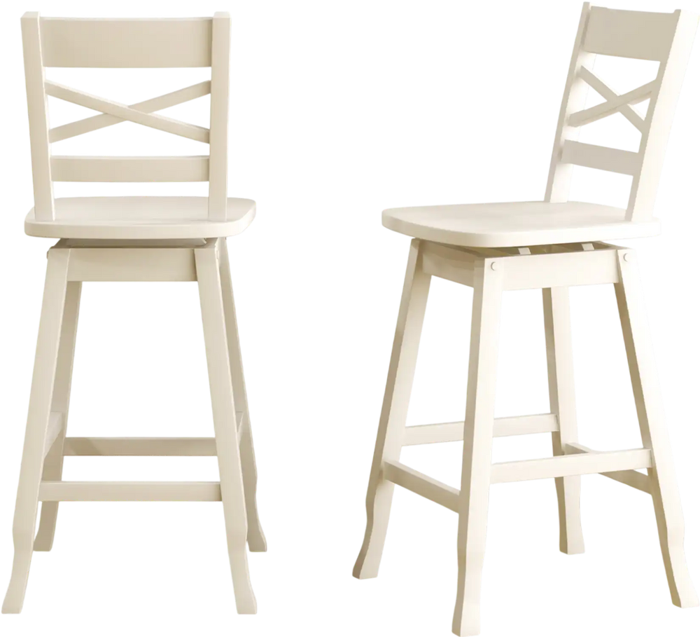 Cream swivel 24-inch counter height stools with inclined backrest, perfect for kitchen or dining room seating.