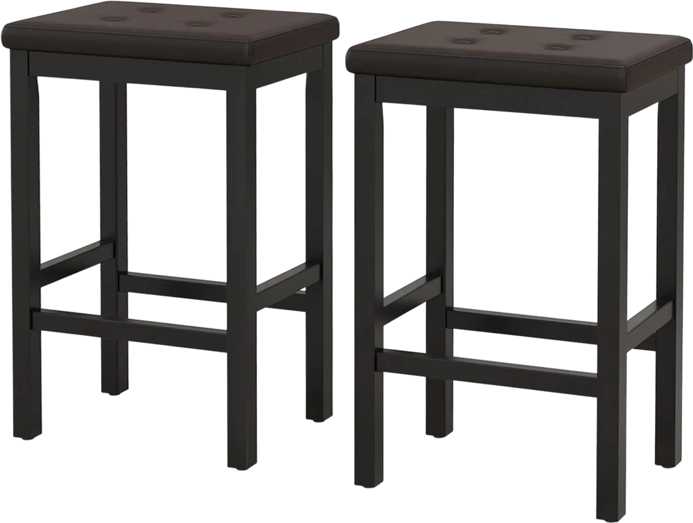 Set of two 24-inch bar stools with padded seats, rubber wood frame, and tufted buttons for elegant design and comfort.