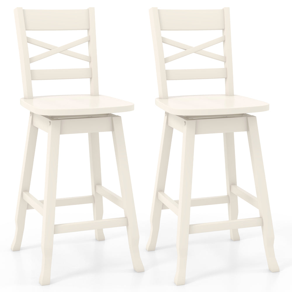 Set of 2 cream swivel counter height stools with inclined backrest and ergonomic footrest for kitchen or dining use.