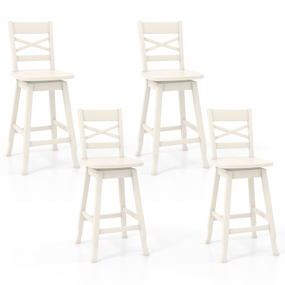 Set of 4 cream swivel counter height stools with inclined backrest, ideal for kitchen or dining room use.