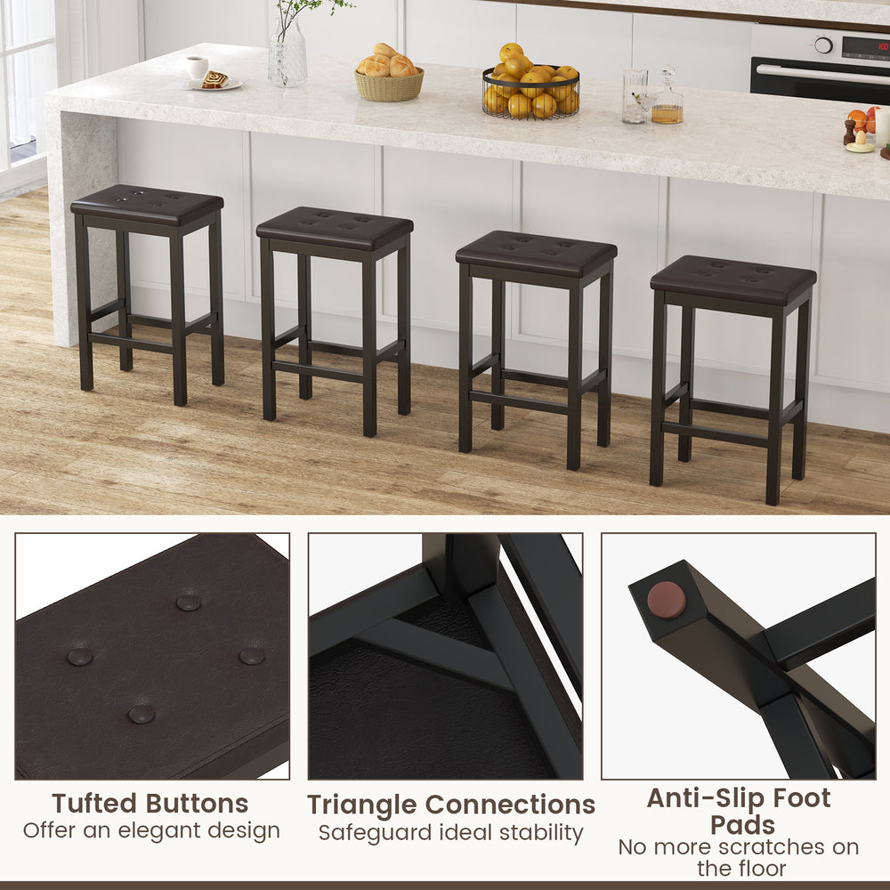 Brown 24-inch bar stools with padded seats, tufted buttons, and anti-slip foot pads for kitchen or dining areas.
