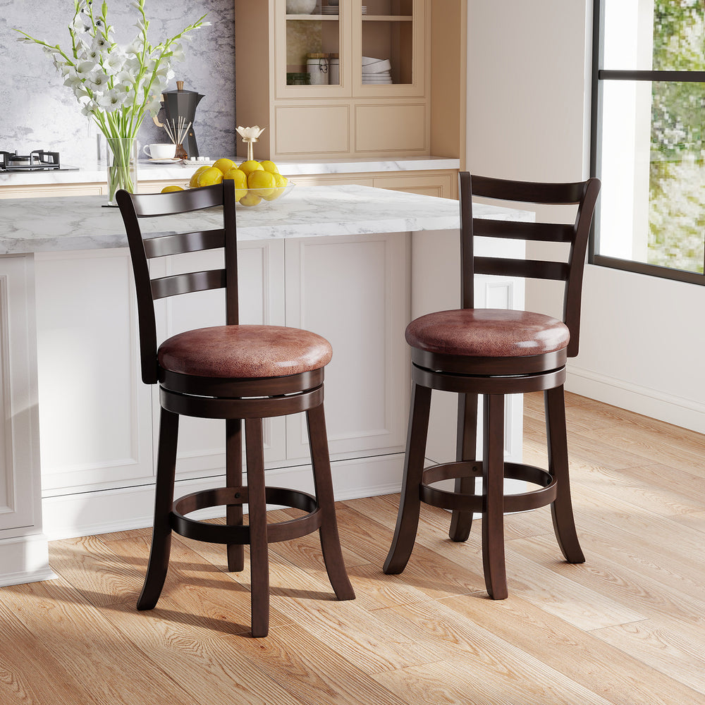 Counter height swivel barstools set of 2 with faux leather seats and ergonomic backrest, ideal for kitchen islands.