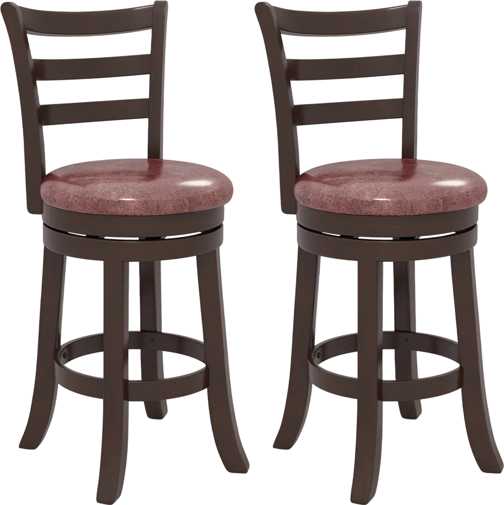 Set of 2 counter height swivel barstools with faux leather seats and ergonomic backrest, ideal for kitchen islands.