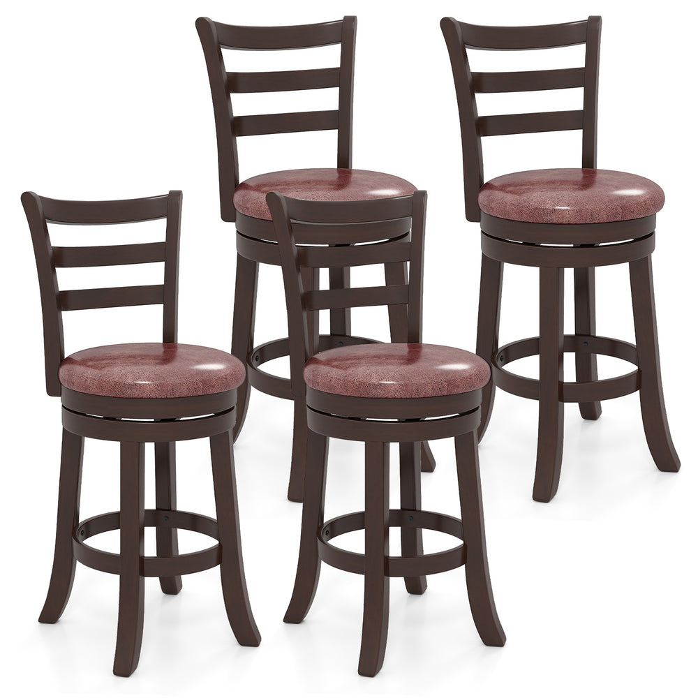 Set of 4 counter height swivel barstools with faux leather seats, curved backrests, and wrap-around footrests for.