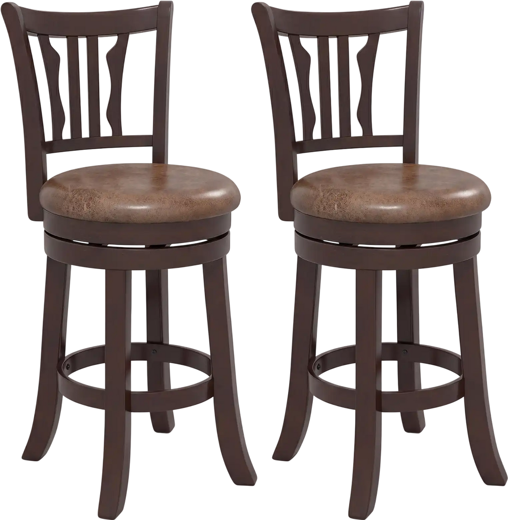 Set of 2 counter height swivel bar stools with curved backrest, solid rubber frame, and faux leather seat for kitchen.