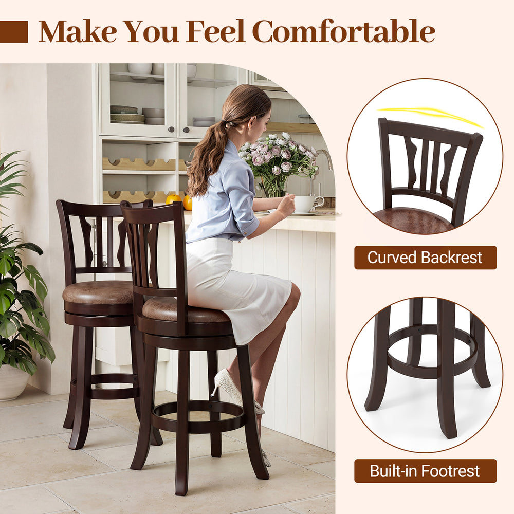 Counter height swivel bar stools set of 2 with curved backrest and built-in footrest for kitchen island seating.