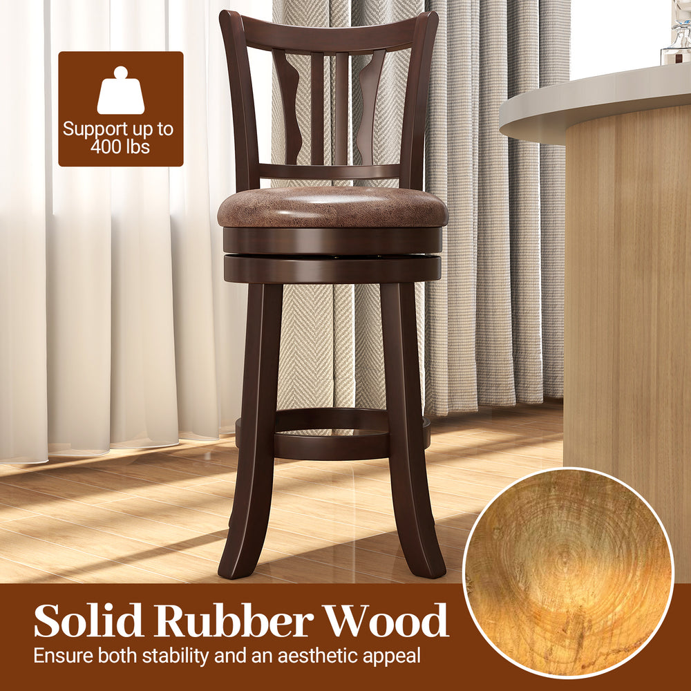 Counter height swivel bar stool with solid rubber wood frame, 360° swivel, and comfortable 16" round seat for kitchen.