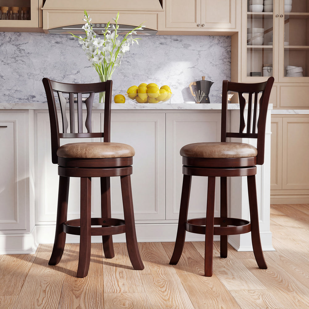 Counter height swivel bar stools set of 2 with curved backrest and solid rubber frame, perfect for kitchen islands.