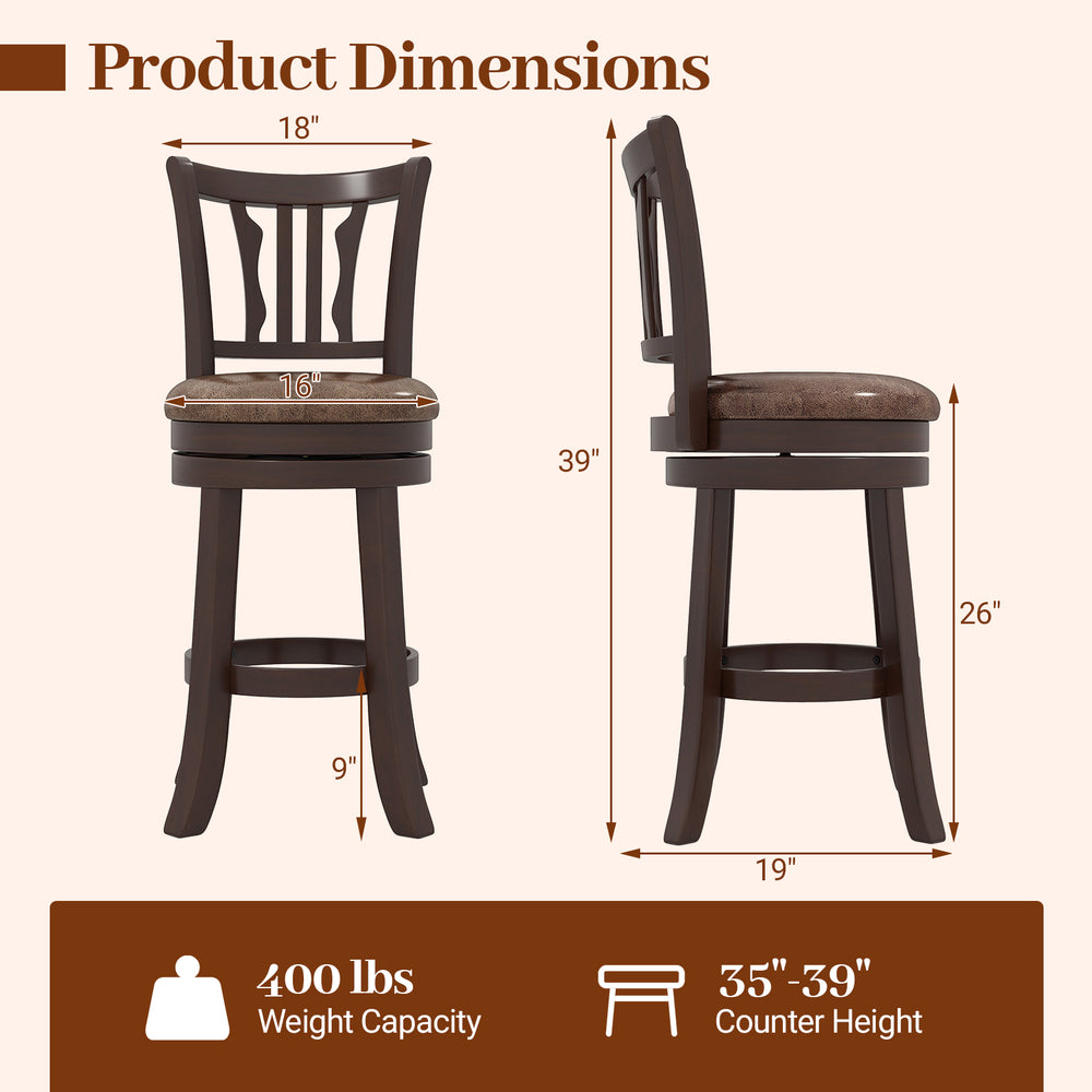 Counter height swivel bar stool dimensions showing 360° swivel, solid rubber frame, and 16" round seat for kitchen use.