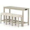 Counter height table with three upholstered stools in gray, featuring a side charging station for convenient device.