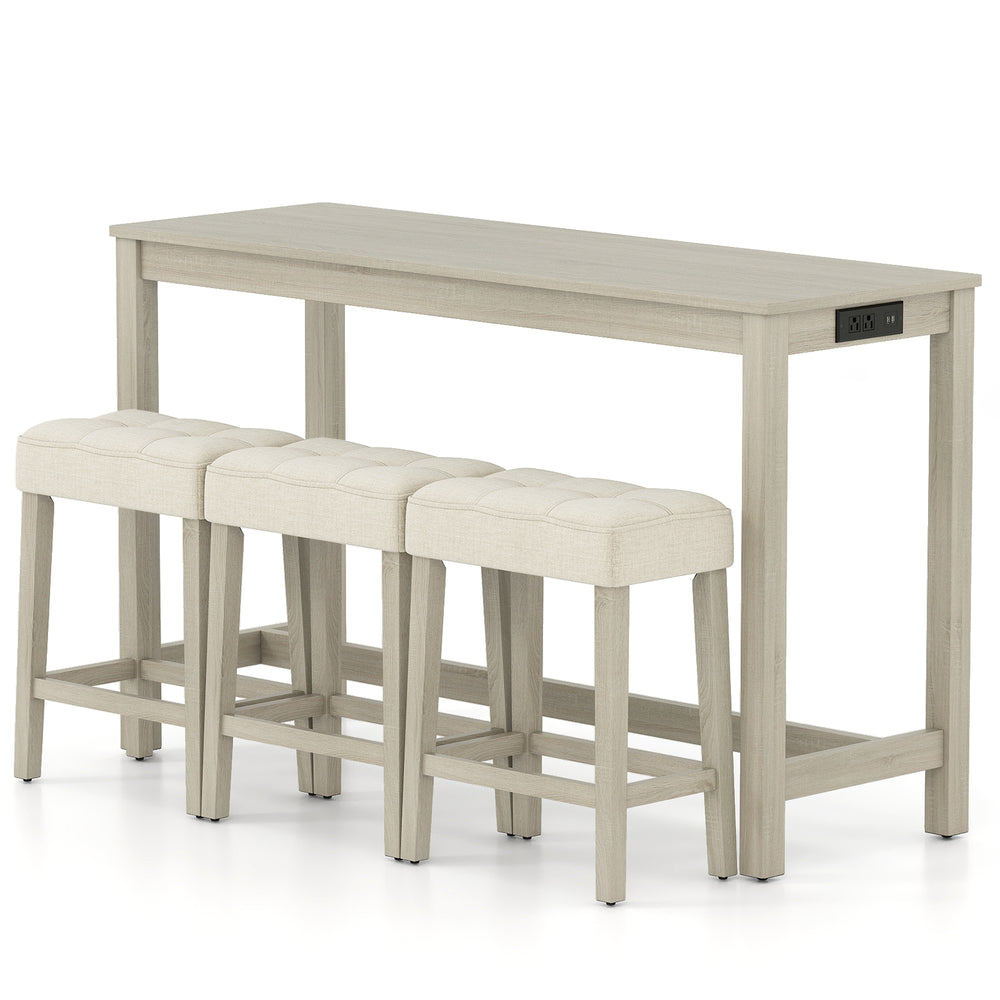 Counter height table with three upholstered stools in gray, featuring a side charging station for convenient device.