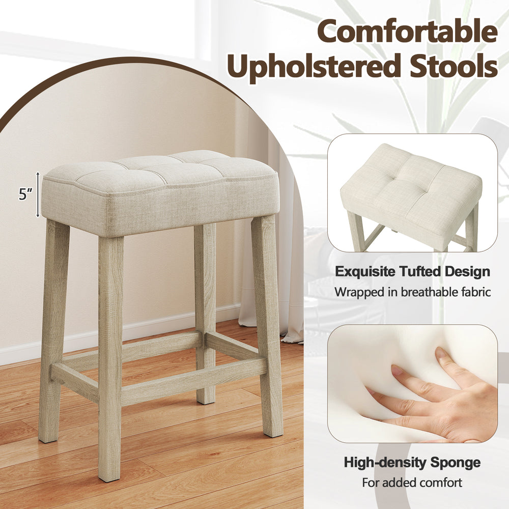 Comfortable upholstered stool with tufted design and solid rubber wood legs, perfect for the gray breakfast nook bar.