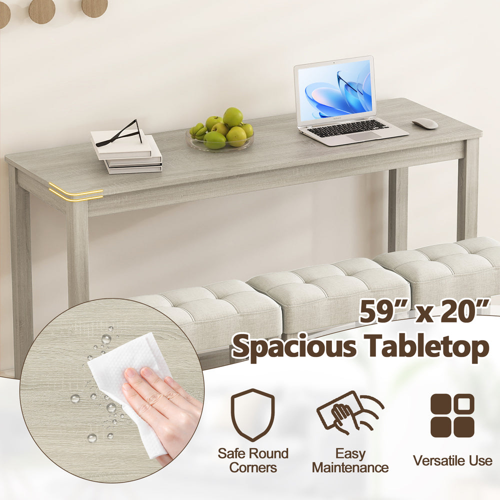 Counter height table with spacious 59"x20" gray tabletop, featuring safe round corners and 3 upholstered stools for.
